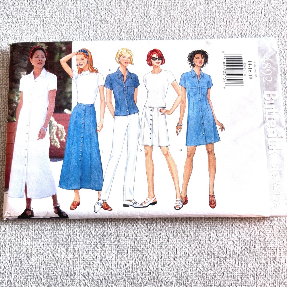 Butterick 4892 Classic ButtonFront Capsule Wardrobe 14-18 Dress Top Skirt Pants
